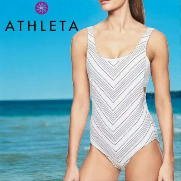 Athleta Black White Chevron One Piece Separate Bra Top Swimsuit Workout Wear - Picture 1 of 14